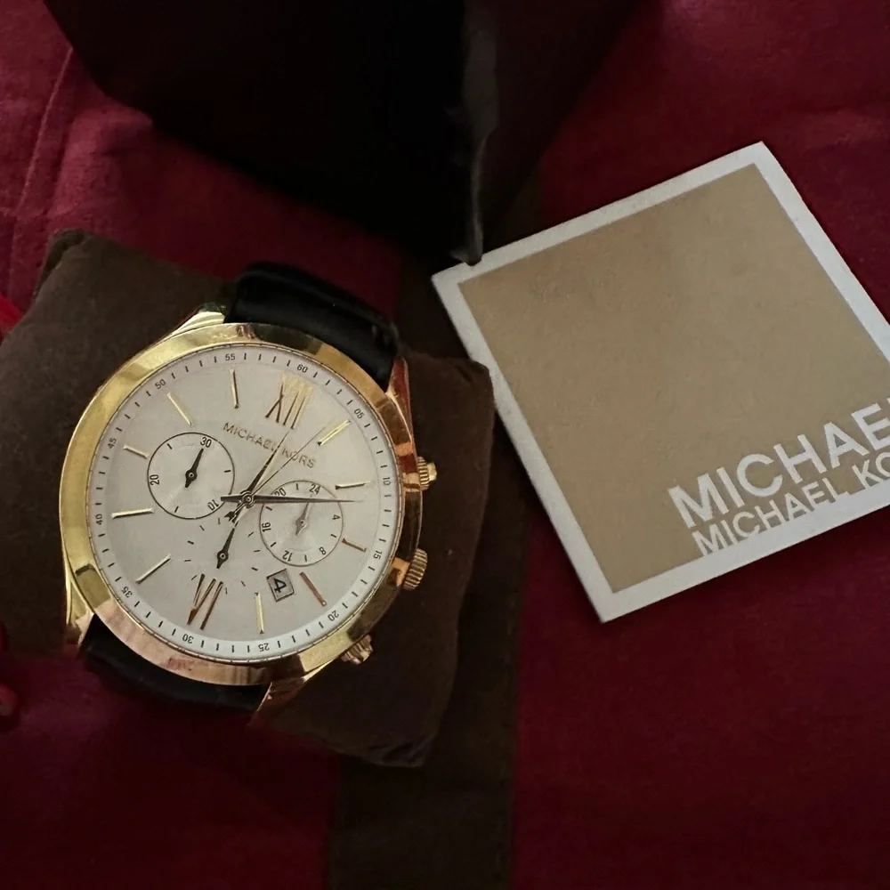 Michael Kors Women's Black Leather Strap Gold-Tone Dial Watch